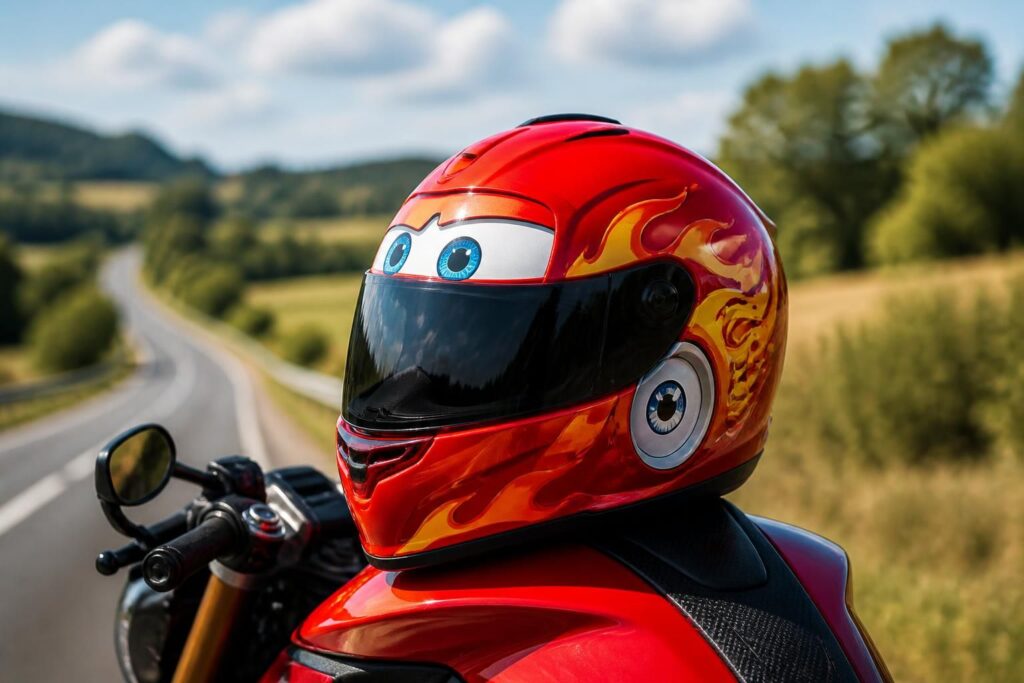 découvrez le casque moto flash mcqueen, alliant sécurité optimale et style unique pour les motards passionnés de l'univers disney. roulez en toute confiance avec un équipement fun et protecteur.